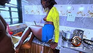 Curvy Ebony Smashes Huge Cock in Kitchen with Wild Doggystyle Action. Bent Over and Loving It!