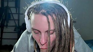 young girl with headphones can't stop sucking that monster cock on the bed