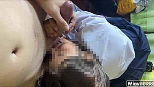 asian slut in thai school uniform moans sucking big cock covering face