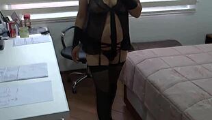 Stepmother Boldly Touches Her Hairy Pussy Under Voyeur's Watch.