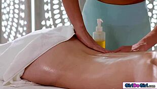 Busty masseuse stunned by butt plug in client's ass during steamy session