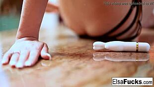 Teen cutie elsa jean plays with herself in the kitchen