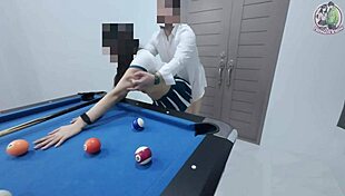 This Thai girl climbed the pool table for a hard pounding. She took it raw in public!