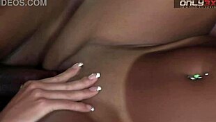 Tanned woman enjoys anal massage with toys, licking, fingering, and cum on tits at beachside resort