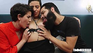 skinny brunette teens get assfucked in threesome with hairy pussies