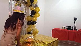 Beautiful lady hosts new year's eve party in elegant vip whore dress, showcasing her stunning vagina