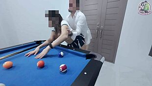 This Thai girl climbed the pool table for a hard pounding. She took it raw in public!