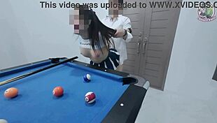 This Thai girl climbed the pool table for a hard pounding. She took it raw in public!