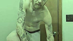 the skinny girl with small waist strips naked in the bathroom, exposing her body to the big cock