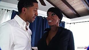 Huge bouncing boobs and round ass on ebony cougar Soleil contrast with her rough fucking by big dick boy