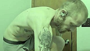 the skinny girl with small waist strips naked in the bathroom, exposing her body to the big cock