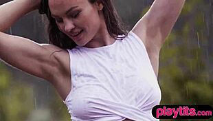 Petite ukrainian milf strips nude in the rain