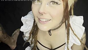 Cute cat maid moans as she swallows big dick in her throat!