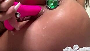 very sexy lingerie cream on my body and masturbation with dildo anal plug