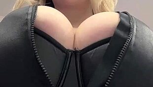 Big Natural Tits Bursting Out of Elastic Leather