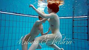Milana And Katrin Strip Each Other Underwater In Pool