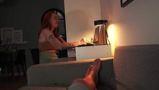 nerdy redhead shows off while sucking in pov couple action
