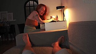 nerdy redhead shows off while sucking in pov couple action