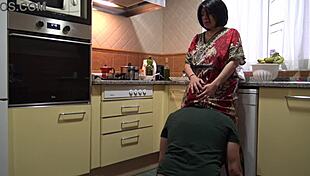 horny stepmom tells stepson to lick her pussy in the kitchen, taboo homemade