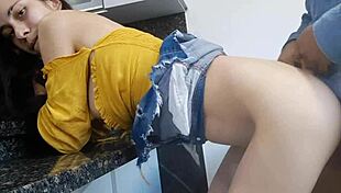 my horny neighbor let me fuck her at home in this homemade video, starting bent over then riding cowgirl to creampie in her miniskirt and shoes