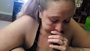 Curvy beauty teases while sucking cock