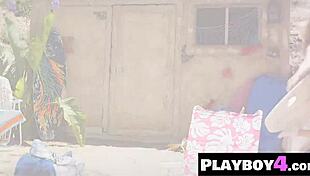 Petite blonde babe Chanel Elle strips bikini to reveal cute booty and natural tits outdoors