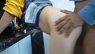 my horny neighbor let me fuck her at home in this homemade video, starting bent over then riding cowgirl to creampie in her miniskirt and shoes