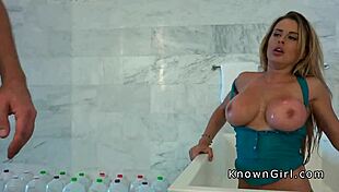 Huge Boobs Blonde Bathing In Milk And Sucking Big Cock