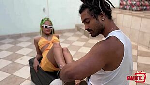 Morena gives footjob and gets covered in cum