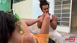 Morena gives footjob and gets covered in cum