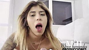 ball licking colombian girlfriend in fishnets gets face fucking cum in mouth facial handjob squirting swallow mouthful small waist tits