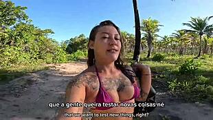 Brazilian babe flashes tits and ass naked, then gives blowjob to big cock in mid-air paragliding accident with unexpected fetish ending.