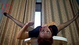 Nice lady in pantyhose performs striptease at the round table