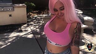 Curvy Barbi with pink hair rides Rome Major in bold cowgirl, getting cum on her fat tits