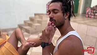 Morena gives footjob and gets covered in cum