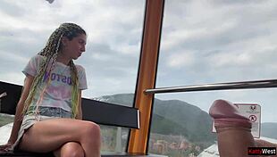 Huge brunette amateur jerks cock and swallows cum on ferris wheel in public forest