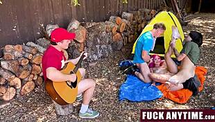 Three boys take turns riding hot chick in cowgirl during camping fuckanytime session