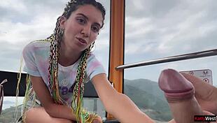 Huge brunette amateur jerks cock and swallows cum on ferris wheel in public forest