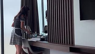 Beautiful brunette maid fucked roughly in missionary position, cum inside for creampie.