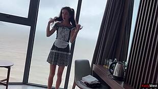 Beautiful brunette maid fucked roughly in missionary position, cum inside for creampie.