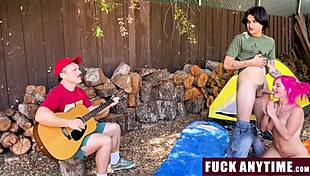 Three boys take turns riding hot chick in cowgirl during camping fuckanytime session