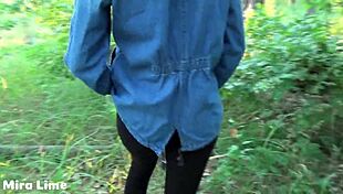 Brunette fucks in forest publicly.