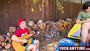 Three boys take turns riding hot chick in cowgirl during camping fuckanytime session