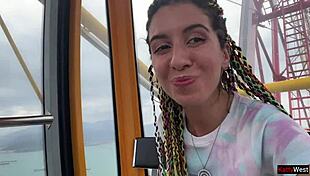 Huge brunette amateur jerks cock and swallows cum on ferris wheel in public forest