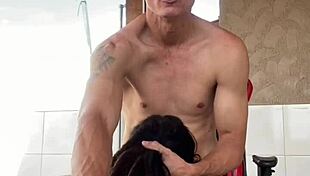 Party on the home balcony turns into a sloppy blowjob where tattooed teen babe swallows every drop