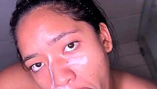 Cute brunette slobbers on bbc blowjob in bathroom!