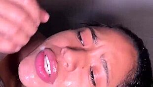 Cute brunette slobbers on bbc blowjob in bathroom!