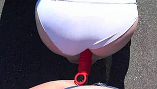 Girlfriend strap-on fucks milf's fat ass outdoors