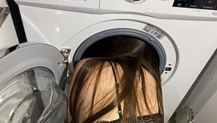 Stepsister Got Stuck In Washing Machine Again! Petite Brunette Takes Rough Creampie And Deepthroat In Homemade Pov Sex.