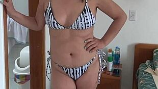 at the beach, i slipped into a bikini while my stepson filmed, his huge bulge in the swimsuit caught my eye